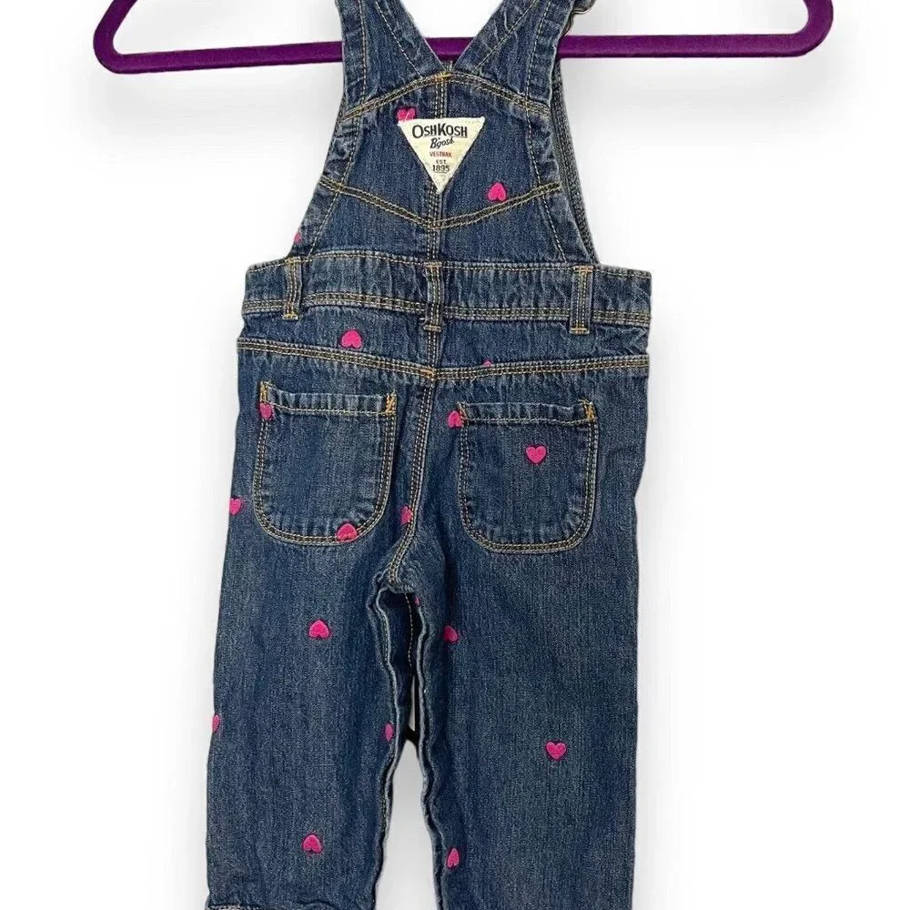Oshkosh B'gosh Bib Overalls Baby Girls 12 Months Embroidered Hearts Adjustable